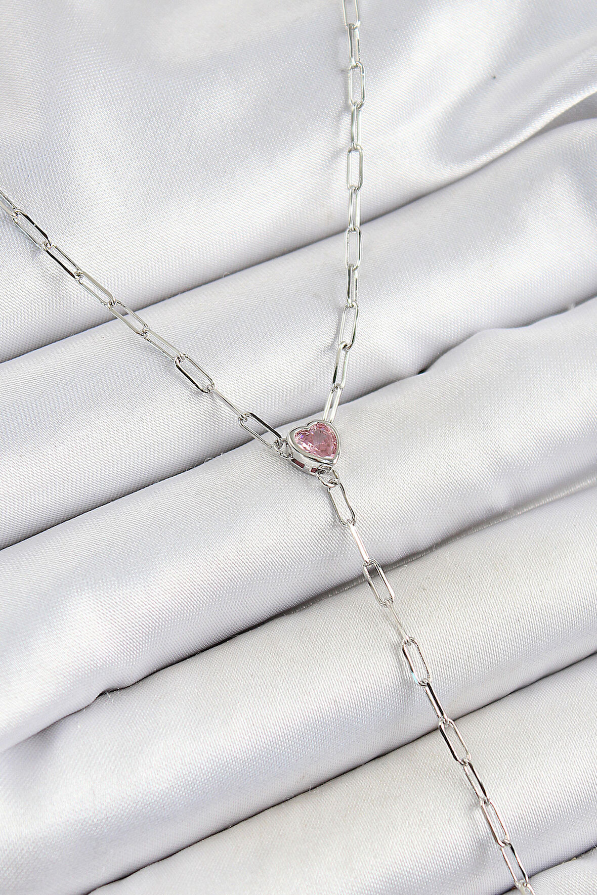 Pirinç Zirkon Taşlı Pembe Kalp Figürlü Y Model Gümüş Renk Kadın Kolye - EBJ250628W35863