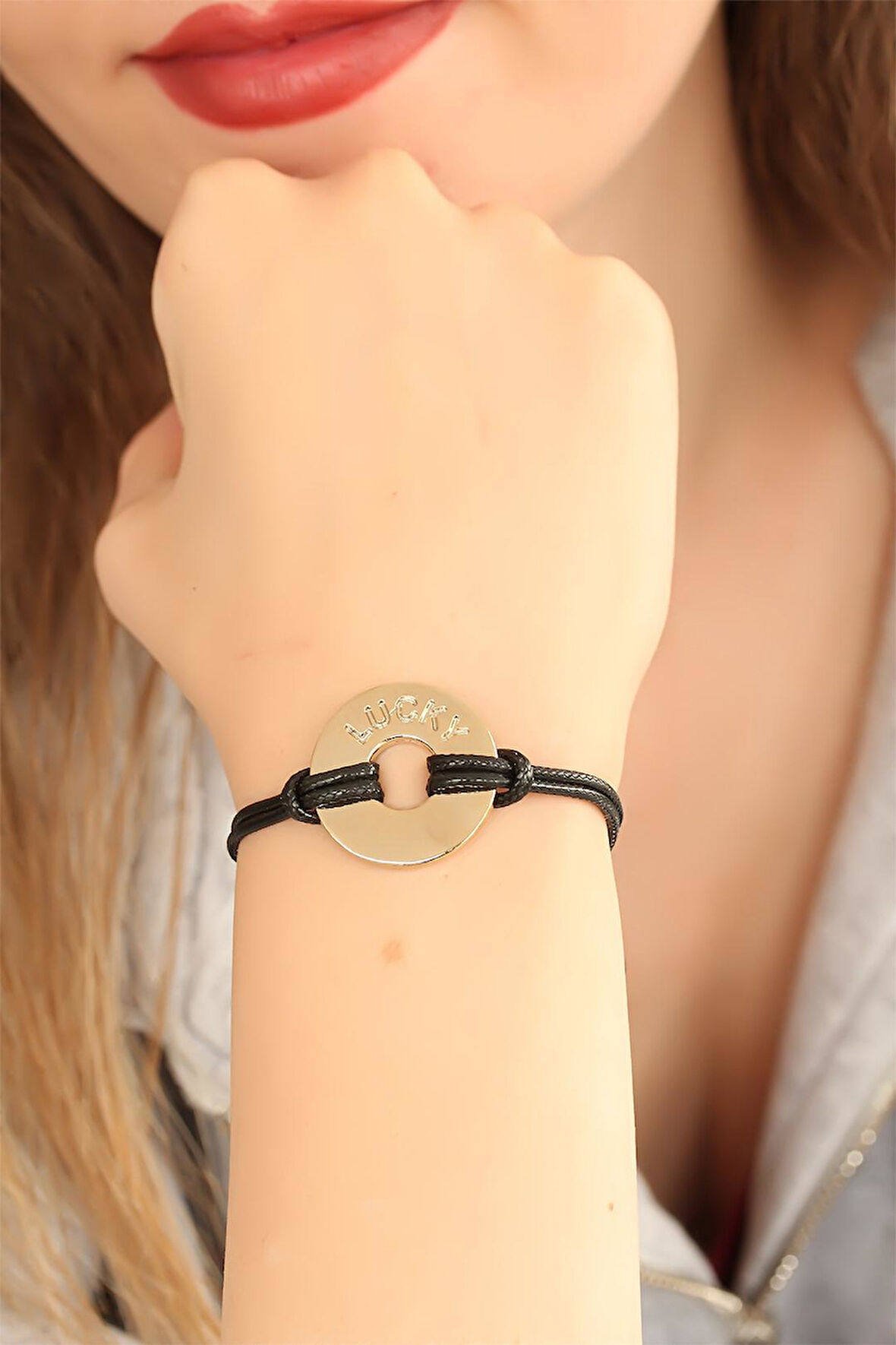 LUCKY (Şanslı) Siyah Deri İpli Unisex Mood Bileklik - EBJ250705W36387