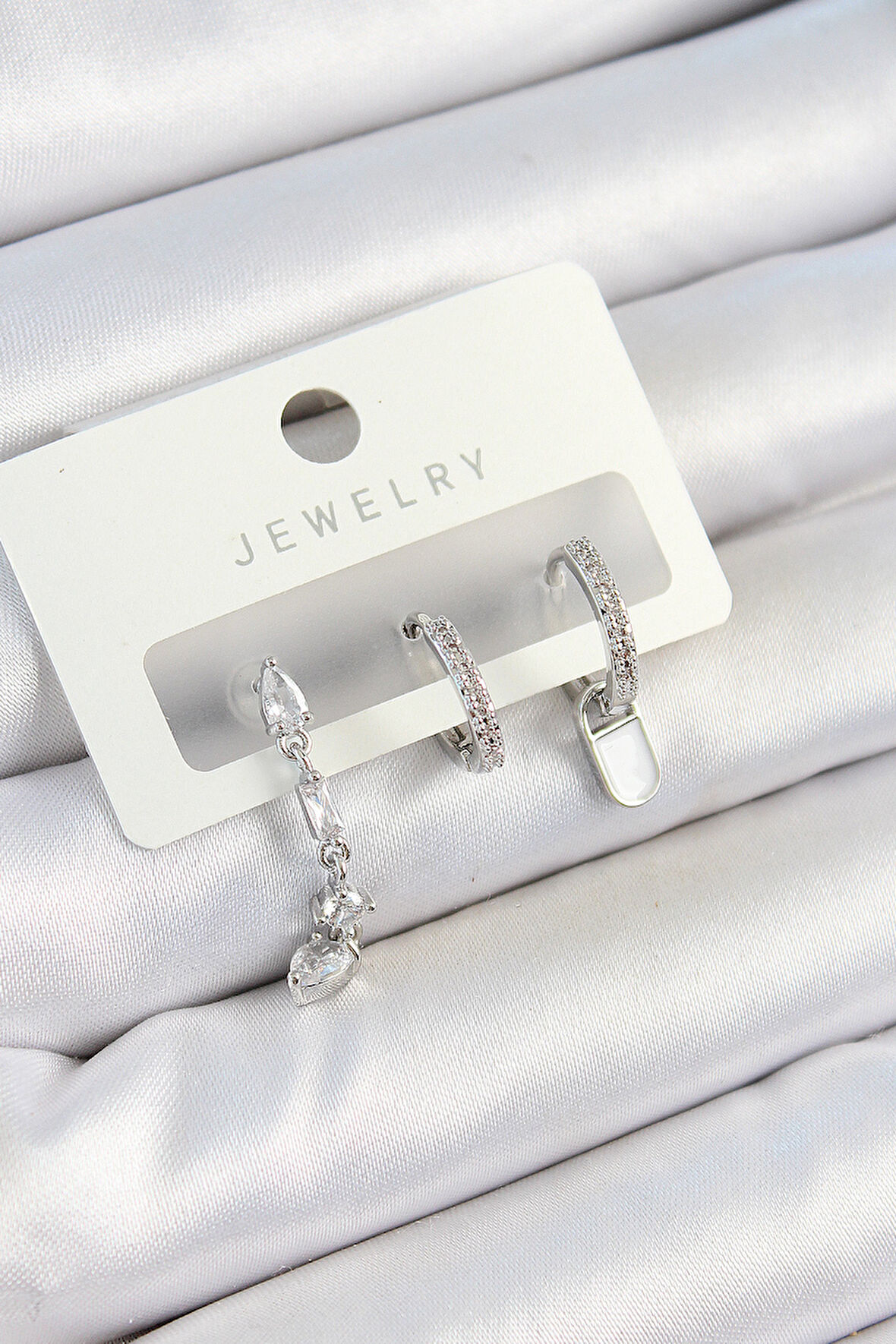 Pirinç Zirkon Taşlı Sallantılı Model Gümüş Renk 3'lü Çift Kadın Küpe Set - EBJ250705W36170