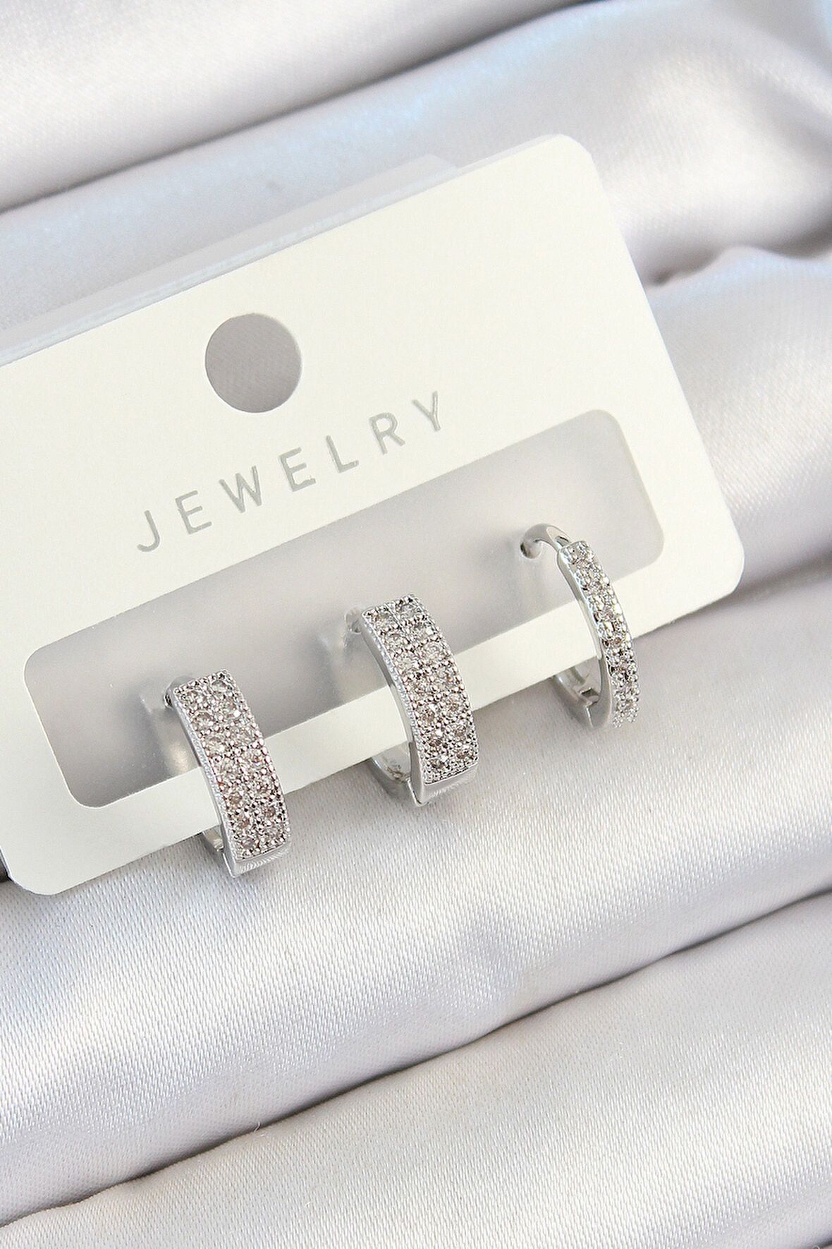 Pirinç Zirkon Taşlı Halka Model Gümüş Renk 3'lü Çift Kadın Küpe Set - EBJ250705W36193