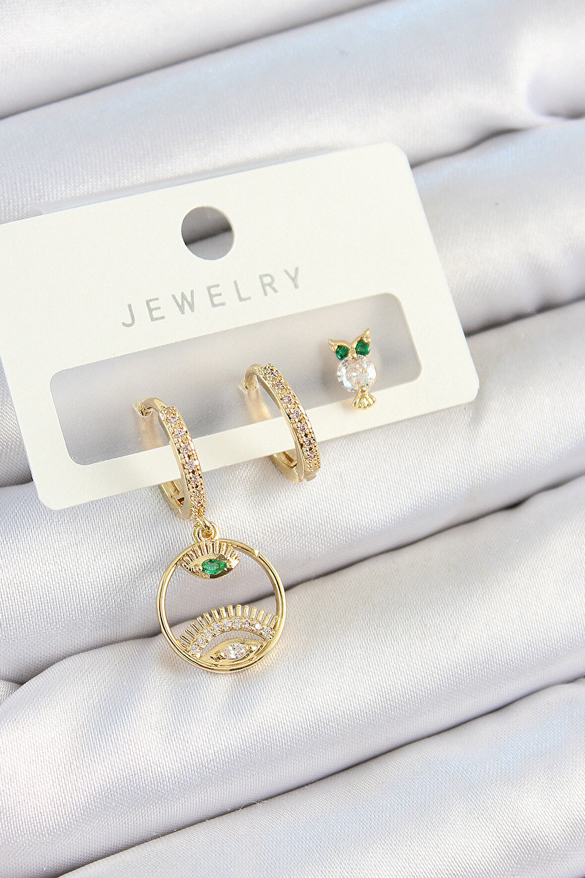 Pirinç Zirkon Taşlı Göz Ve Baykuş Model Gold Renk 3'lü Çift Kadın Küpe Set - EBJ250705W36214