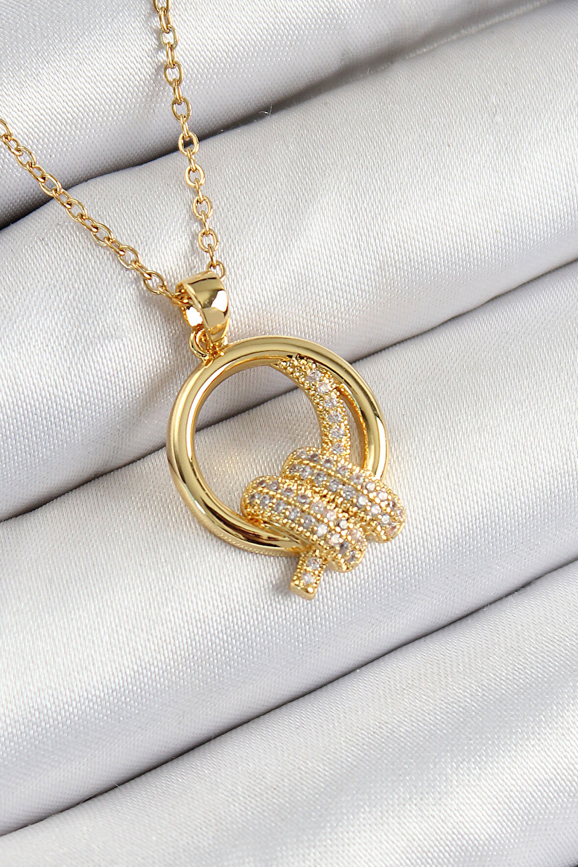  Zirkon Taşlı Düğüm Model Gold Renk Kadın Kolye - EBJ250711W36516