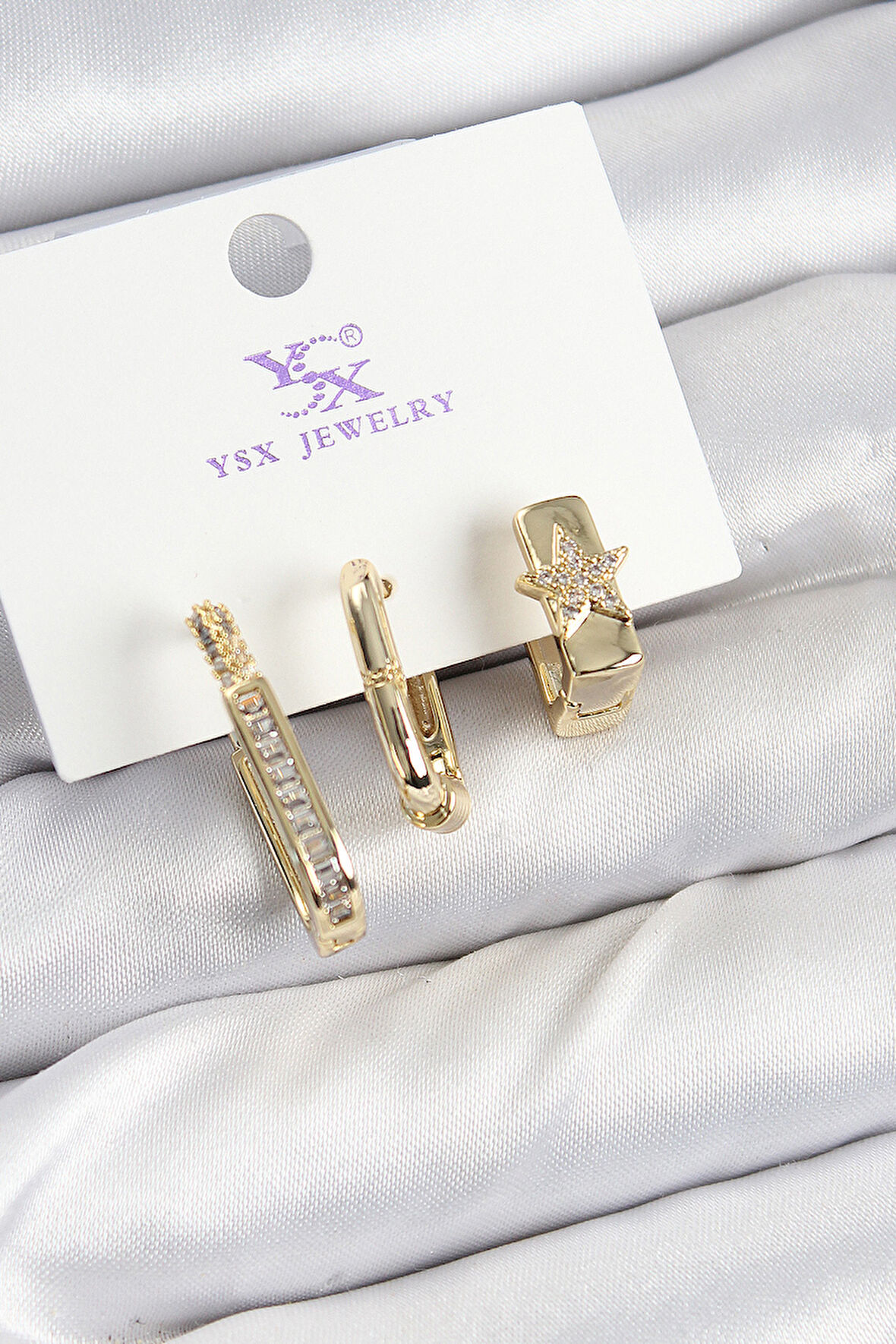 Pirinç Zİrkon Taşlı Yıldız Model Gold Renk 3'lü Kadın Küpe - EBJ250726W36716