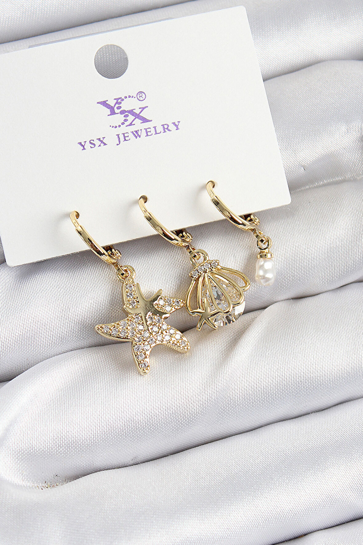 Pirinç Zİrkon Taşlı Deniz Yıldızı Ve İstiridye Model Gold Renk 3'lü Kadın Küpe - EBJ250726W36717