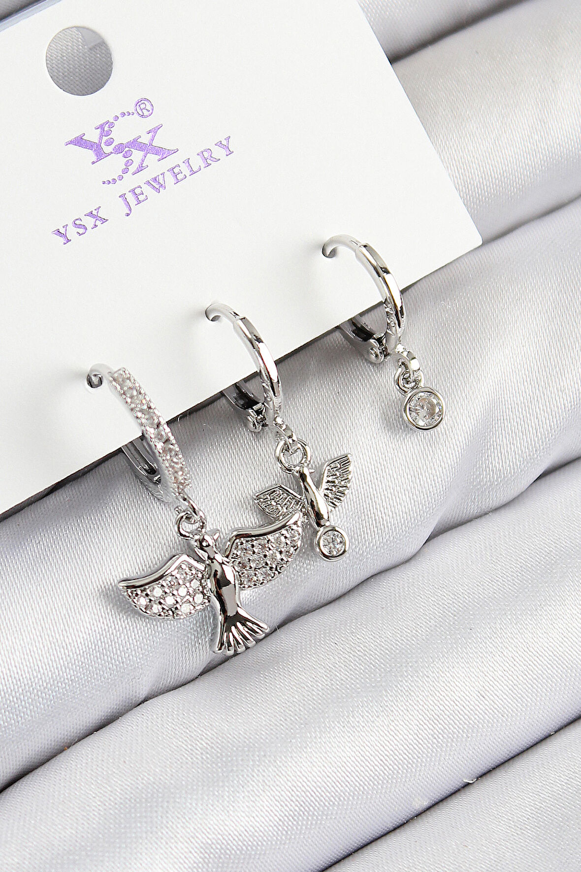 Pirinç Zirkon Taşlı 3'lü Kuş Model Gümüş Renk Kadın Küpe - EBJ250816W37346