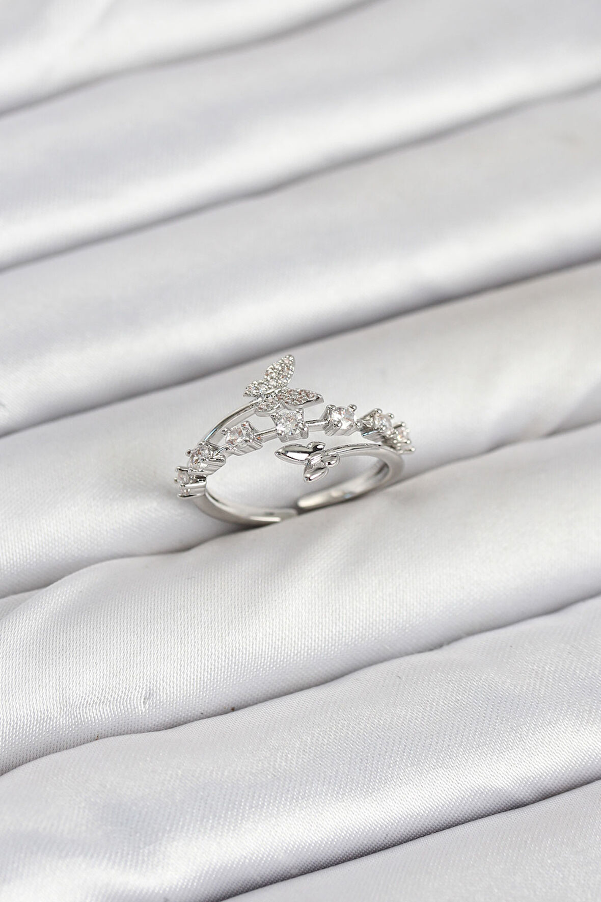 Pirinç Gümüş Renk Zirkon Taşlı Kelebek Model Kadın Yüzük - EBJ250927W37938