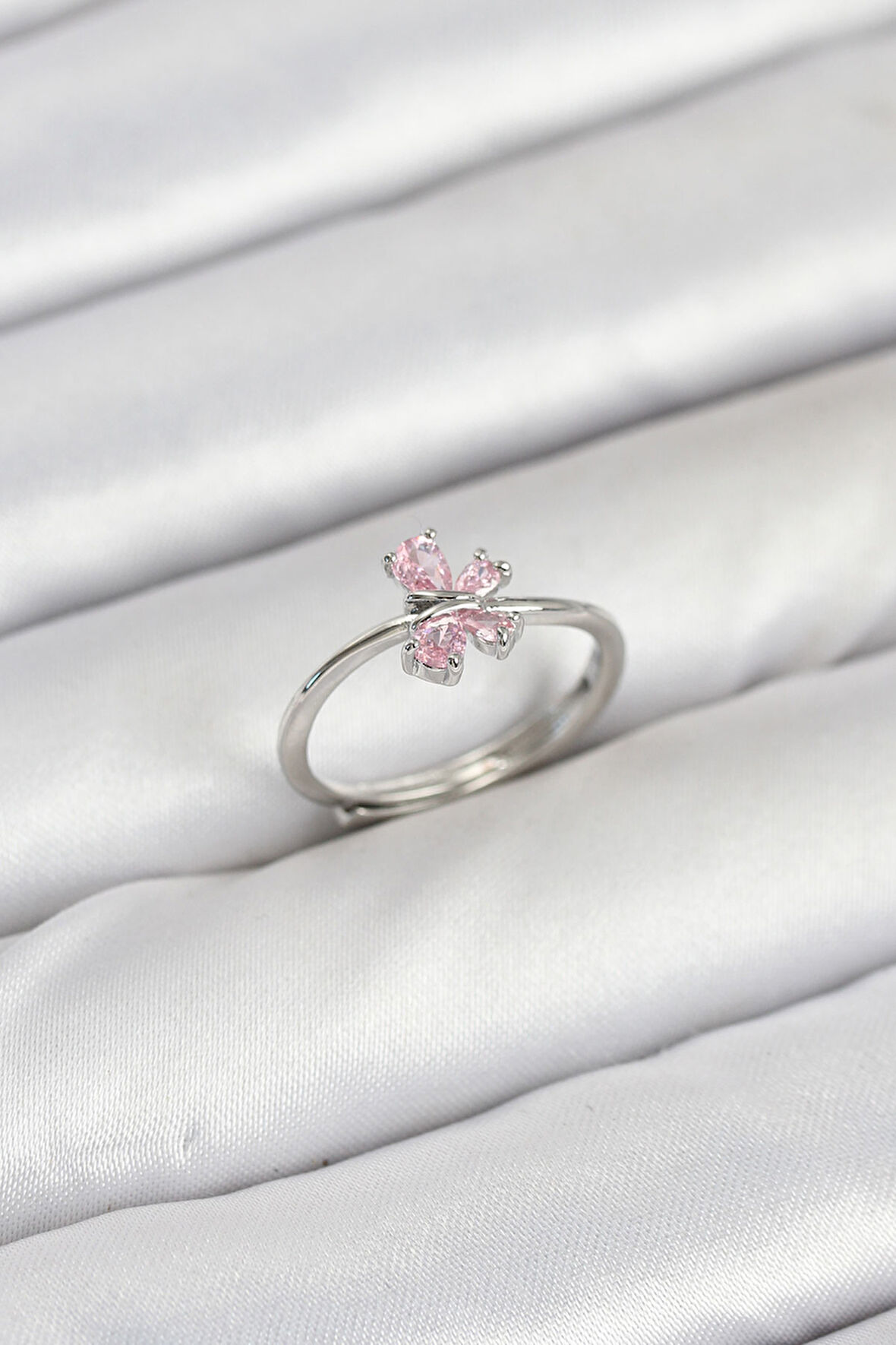 Pirinç Gümüş Renk Pembe Kelebek Kadın Yüzük - EBJ250927W37958