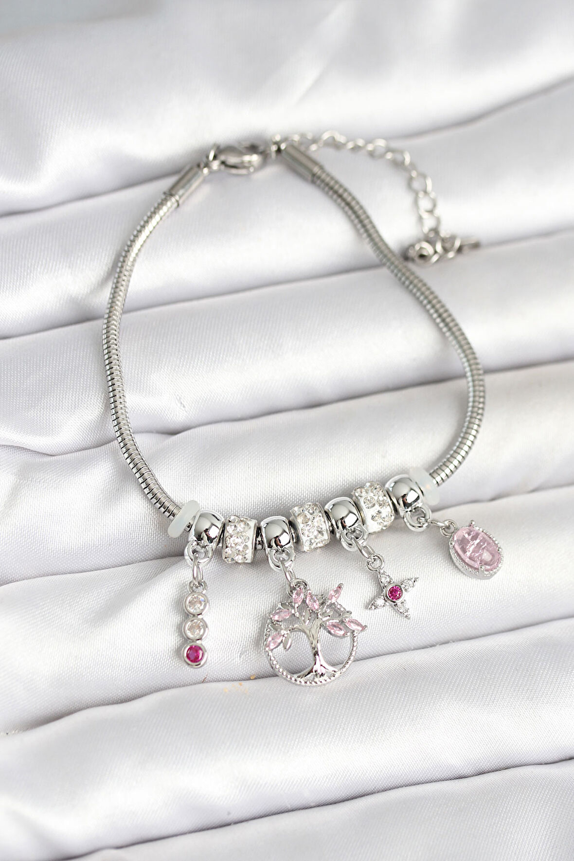 Pirinç Gümüş Renk Yaşam Ağacı Charmlı Kadın Bileklik - EBJ251004W38059