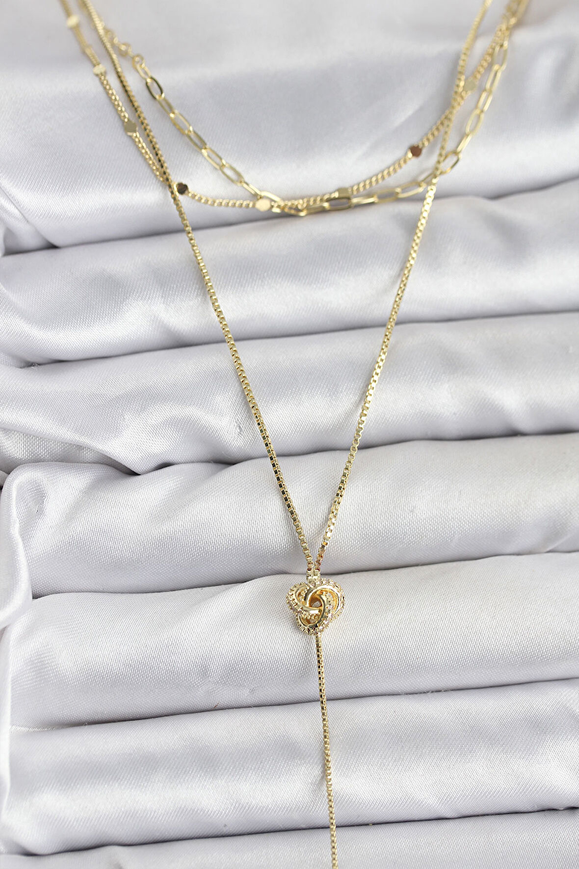 Pirinç Gold Renk Düğüm Model Detaylı 3'lü Kombin Y Kadın Kolye - EBJ251115W38426