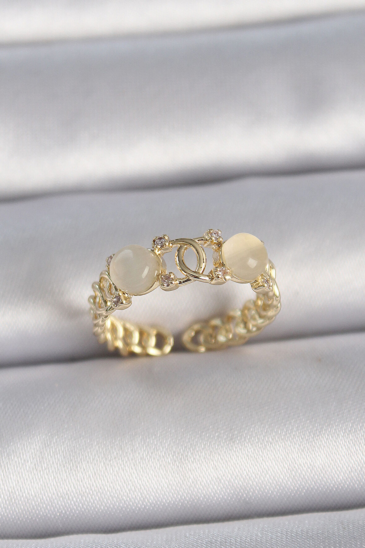 Gold Renk Ayarlanabilir Zirkon Taşlı Beyaz Mineli Birleşik Halka Model Kadın Yüzük - EBJ261410W29261