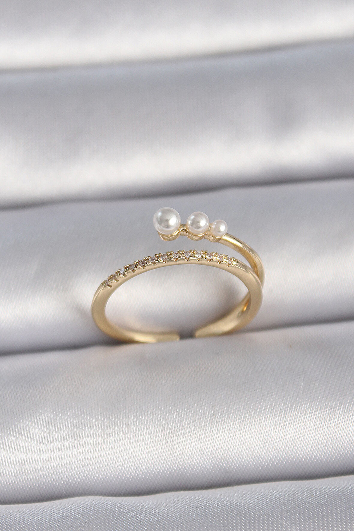 Gold Renk Ayarlanabilir Zirkon Taşlı İncili Model Kadın Yüzük - EBJ261410W29273