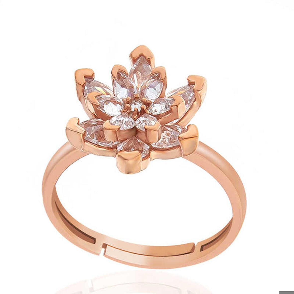 Ebuz Gümüş Rose Beyaz Taşlı Lotus Çiçeği Kadın Yüzük