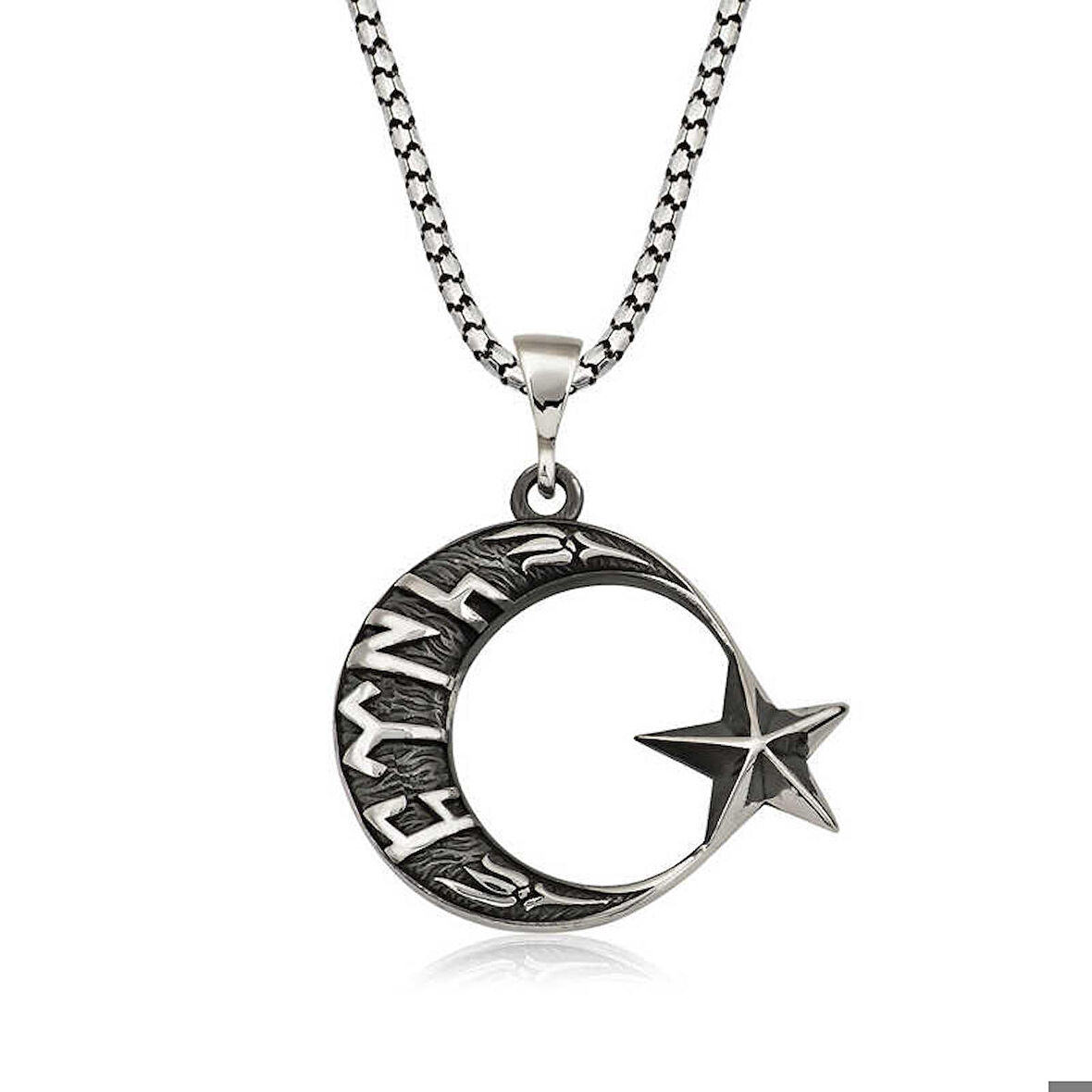 Ebuz Gümüş Göktürkçe Türk Yazılı Ay Yıldız Erkek Kolye