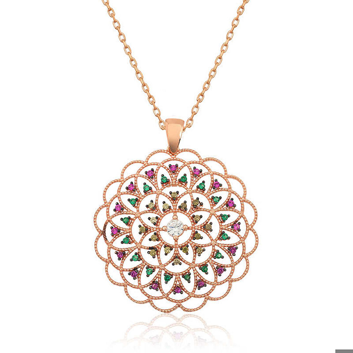 Ebuz Gümüş Rose Geometrik Desenli Madalyon Kolye