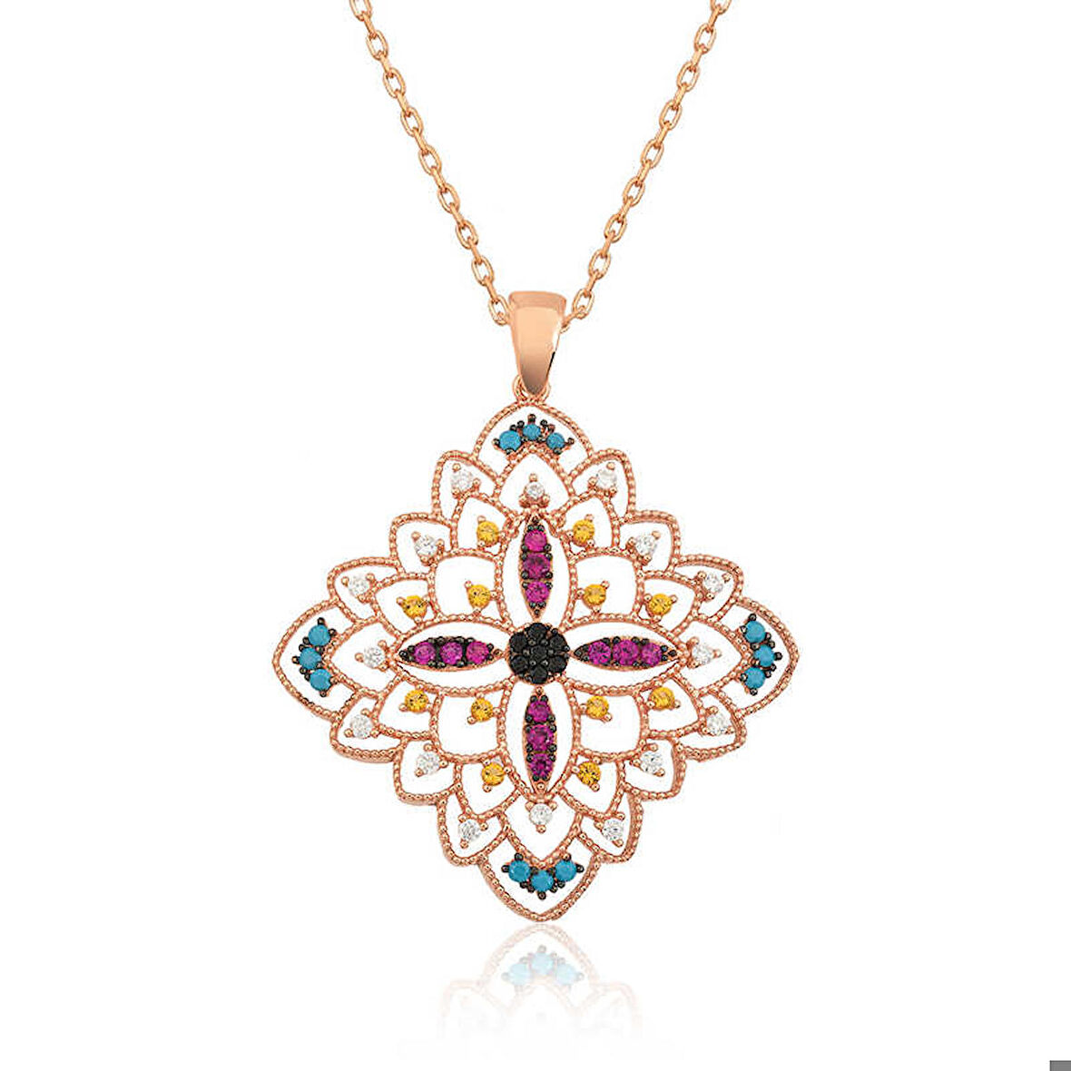 Ebuz Gümüş Rose Etnik Desenli Madalyon Kolye