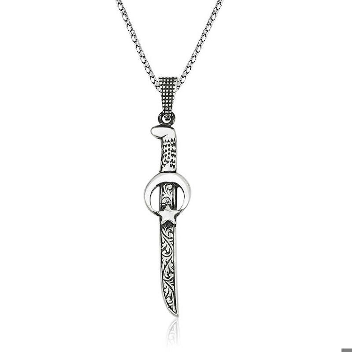 Ebuz Gümüş Ay Yıldız Kılıç Erkek Kolye