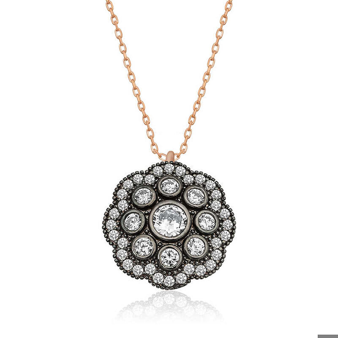 Ebuz Gümüş Çiçek Desenli Elmas Montür Kolye