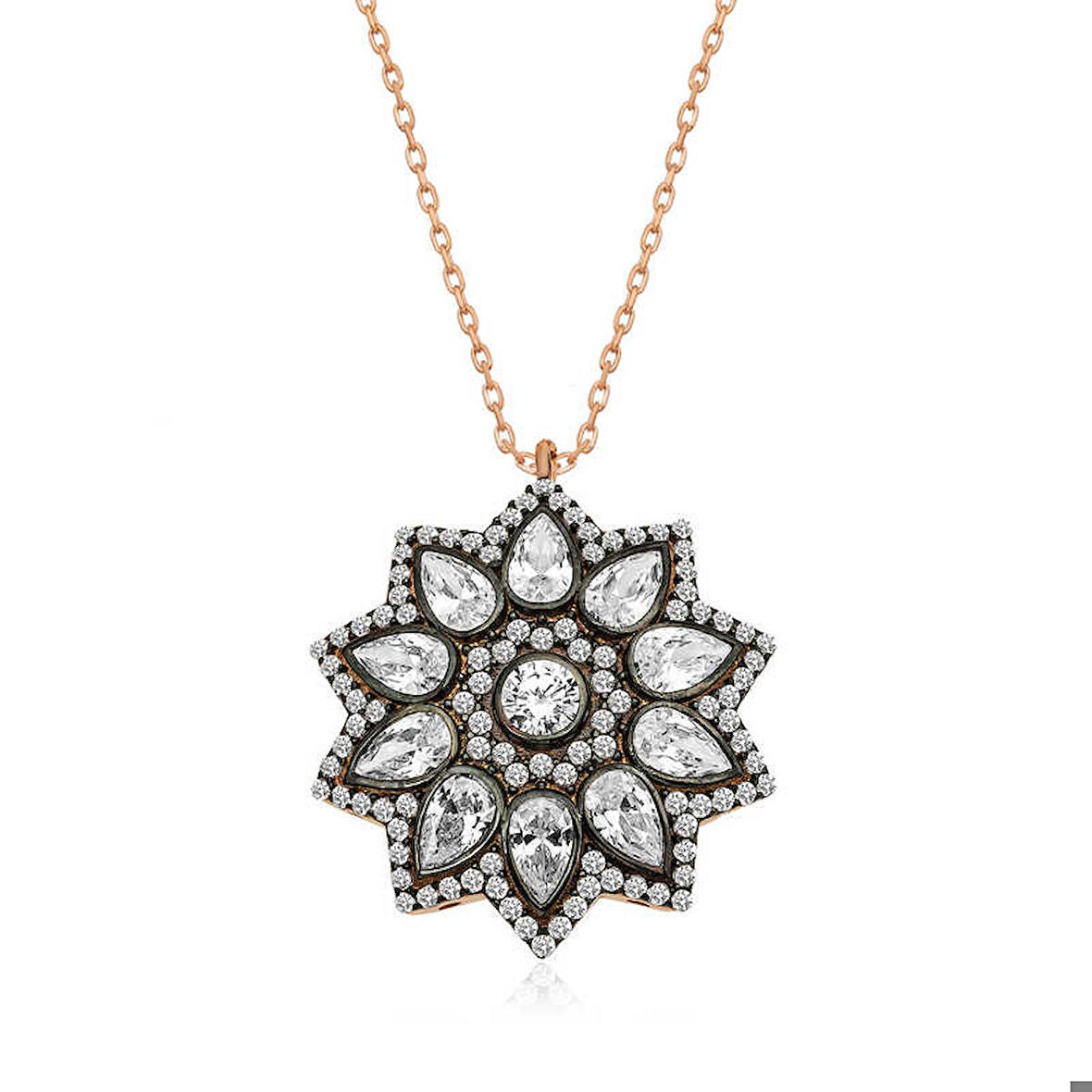 Ebuz Gümüş Rose Çiçek Desenli Elmas Montür Kolye