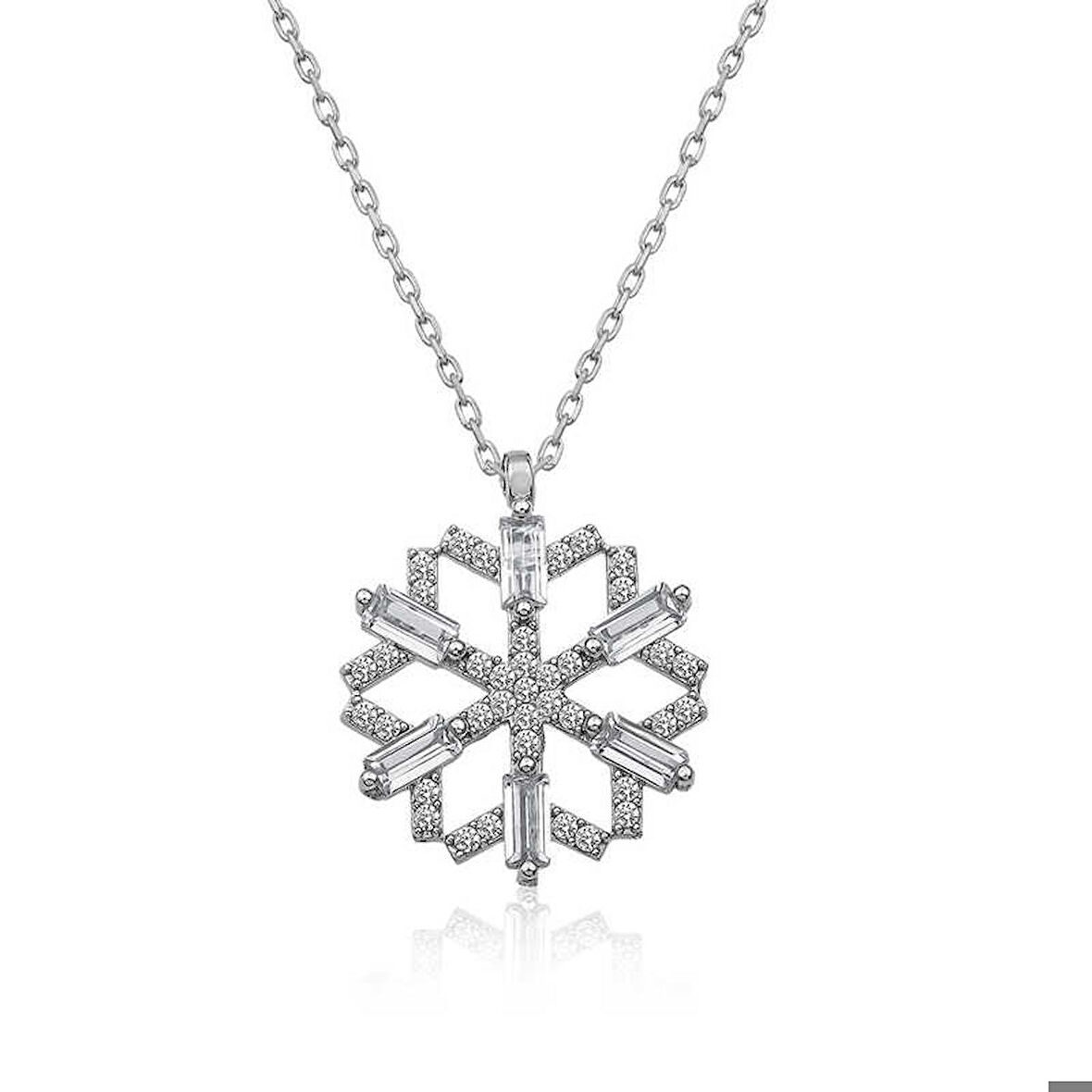 Ebuz Gümüş Baget Taşlı Kar Tanesi Kolye