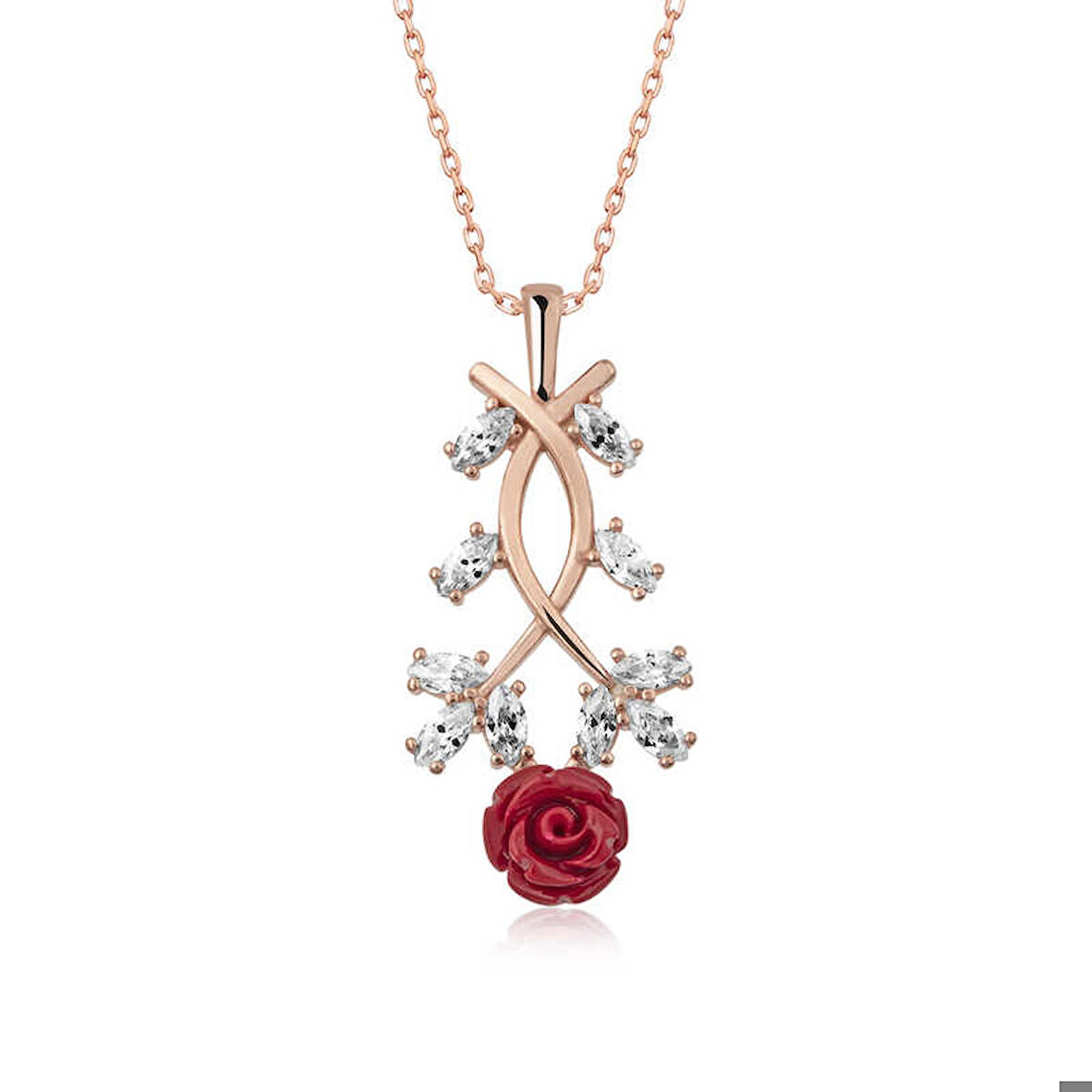 Ebuz ​Gümüş Rose Kırmızı Gül Kolye