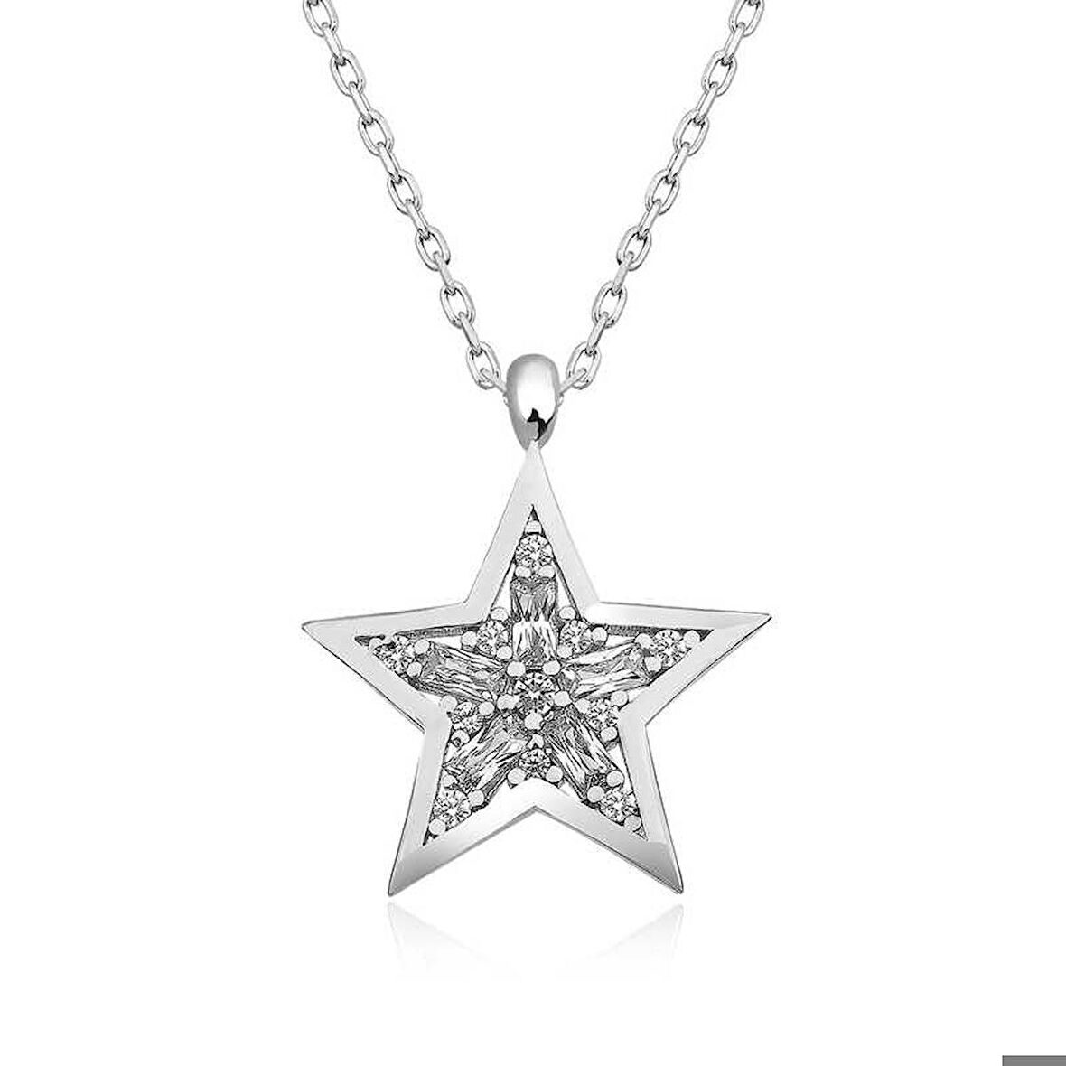 Ebuz ​​Gümüş Baget Taşlı Yıldız Kolye