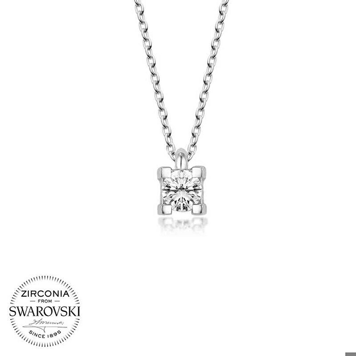 Ebuz Swarovski Taşlı Gümüş Tektaş Bayan Kolye