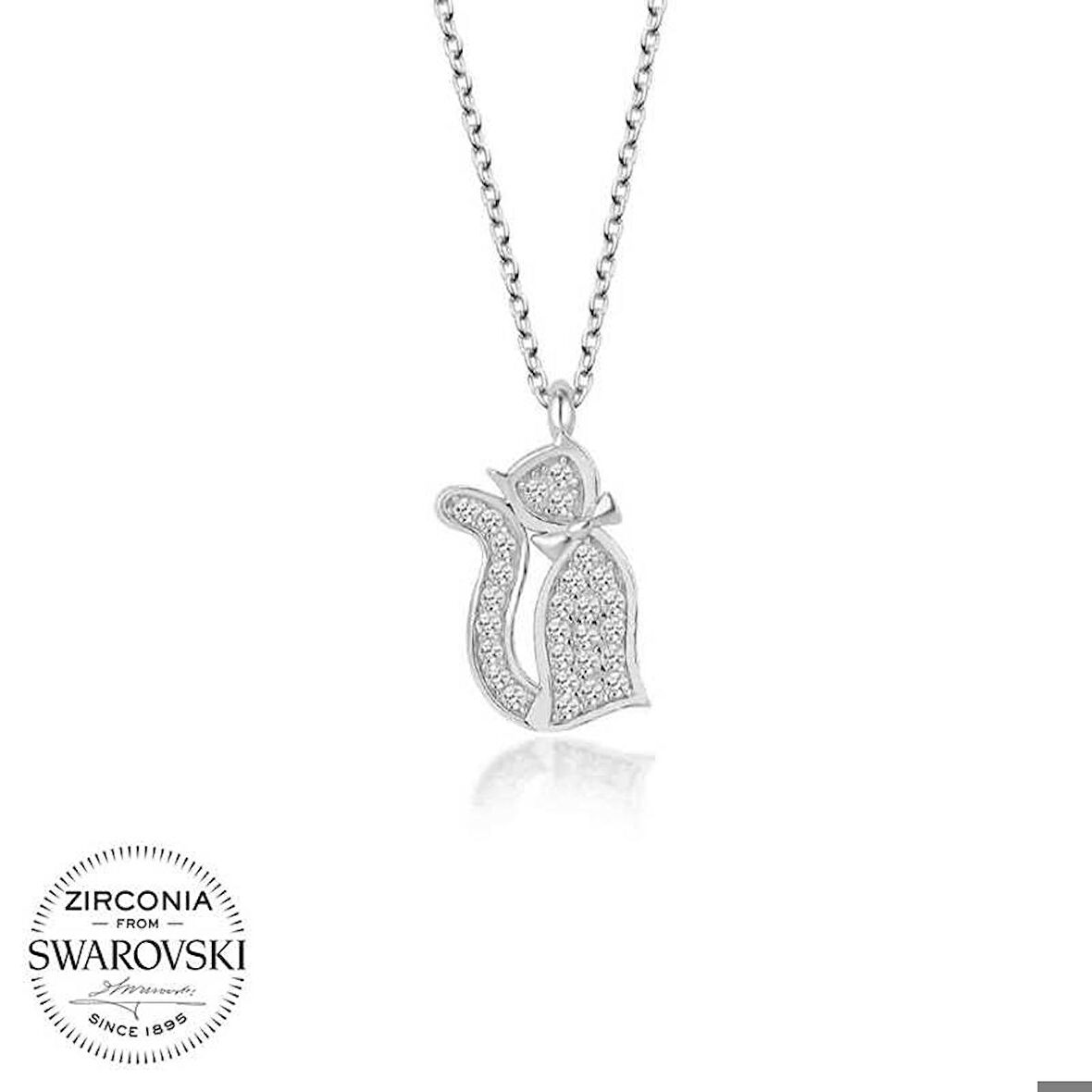 Ebuz Swarovski Taşlı Gümüş Kedi Bayan Kolye