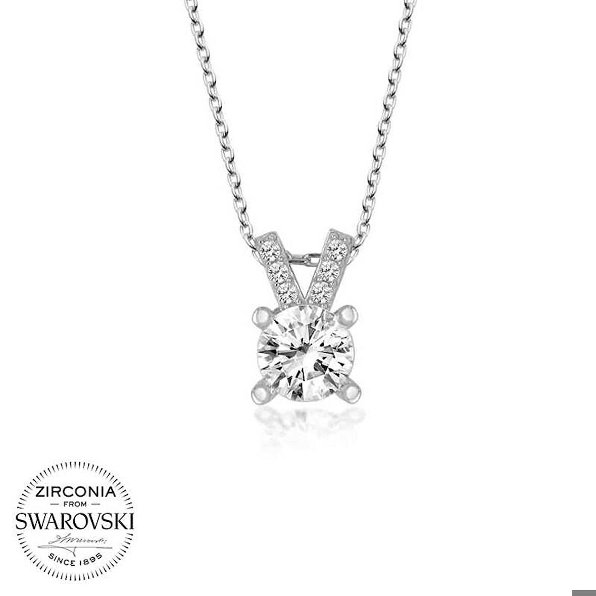 Ebuz Swarovski Taşlı Gümüş Tektaş Kadın Kolye