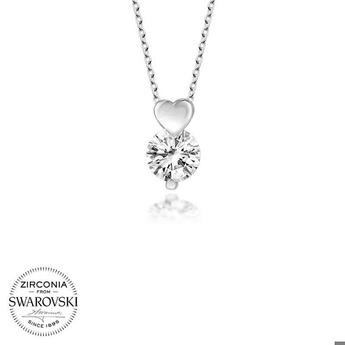 Ebuz Swarovski Taşlı Gümüş Kalp Tektaş Kadın Kolye