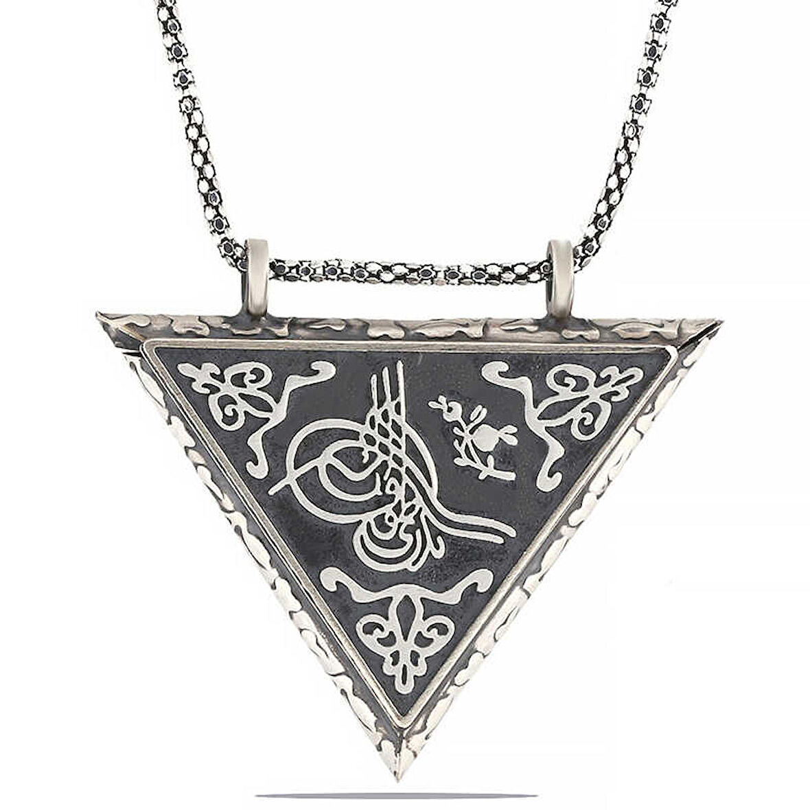 Ebuz Gümüş Üçgen İçi Açılabilen Tuğra Muskalık Kolye