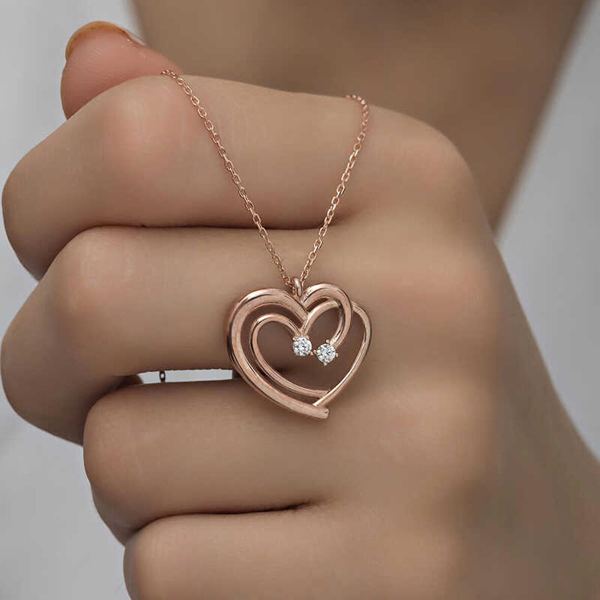 Ebuz Gümüş Rose Birleşmiş Kalpler Kadın Kolye