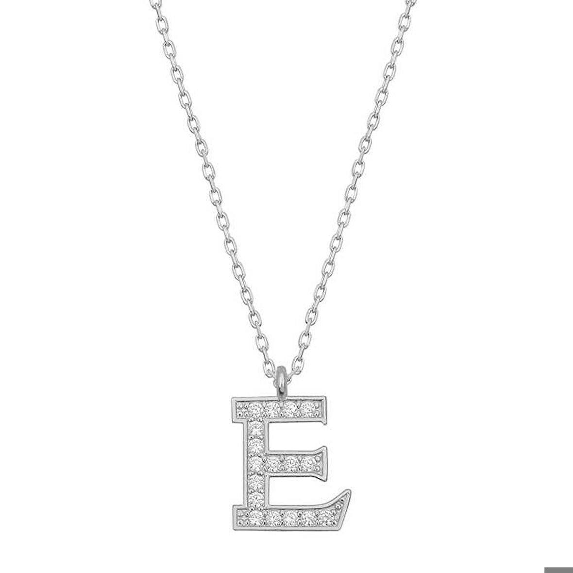 Ebuz Gümüş Rodyum E Harfi Kadın Kolye