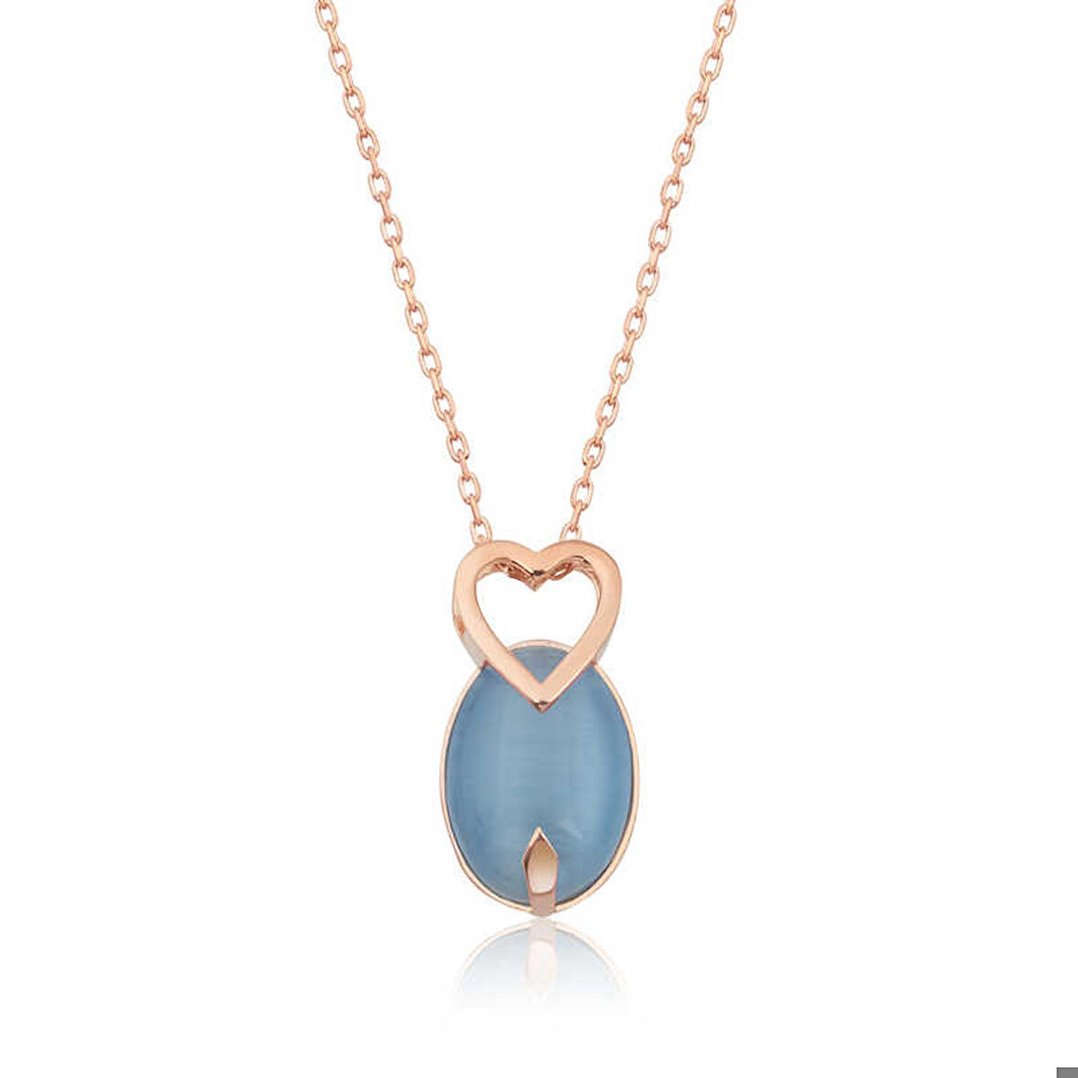 Ebuz ​Gümüş Rose Mavi Kedi Gözü Taşlı Kalp Kolye