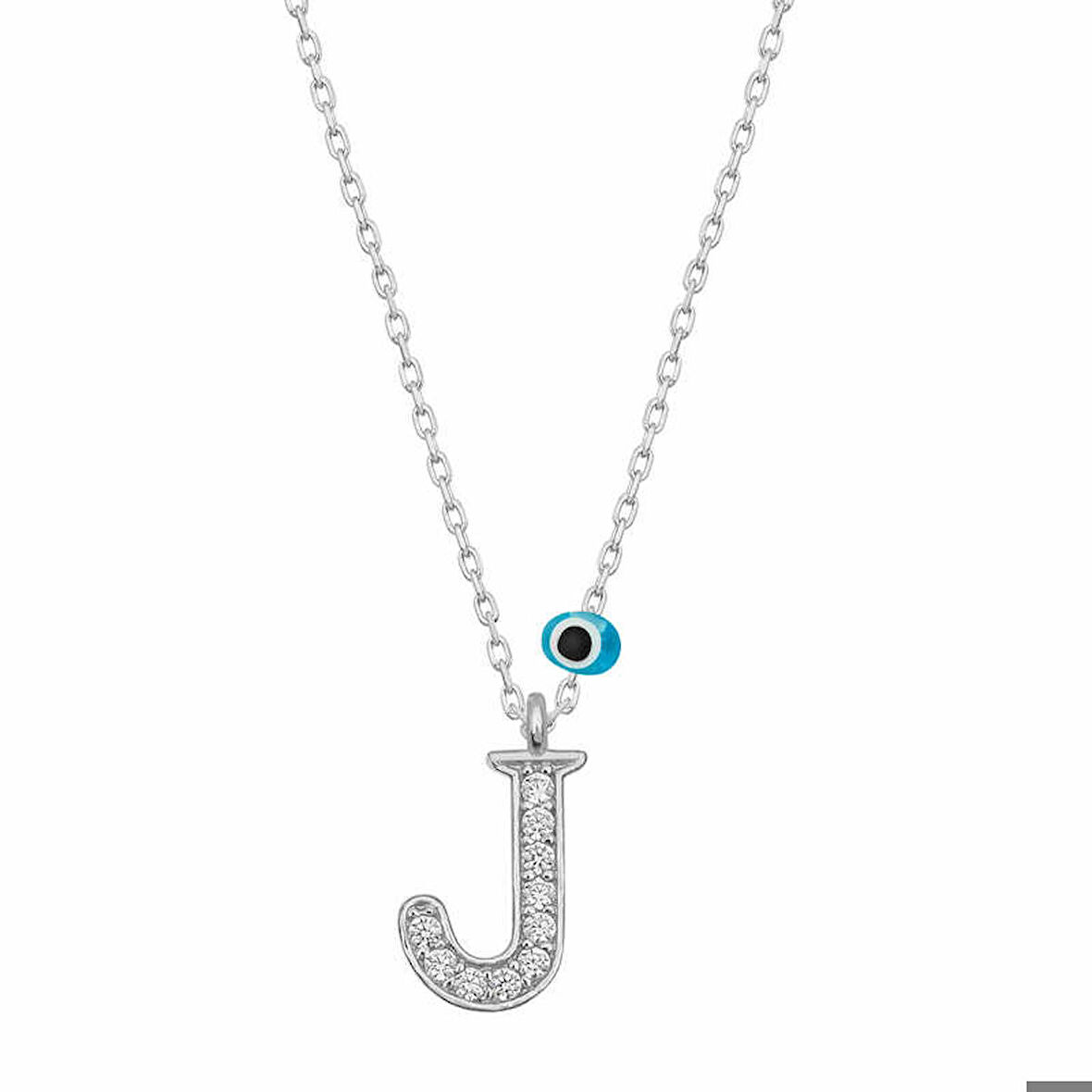 Ebuz Gümüş Nazar Rodyum J Harfi Kadın Kolye