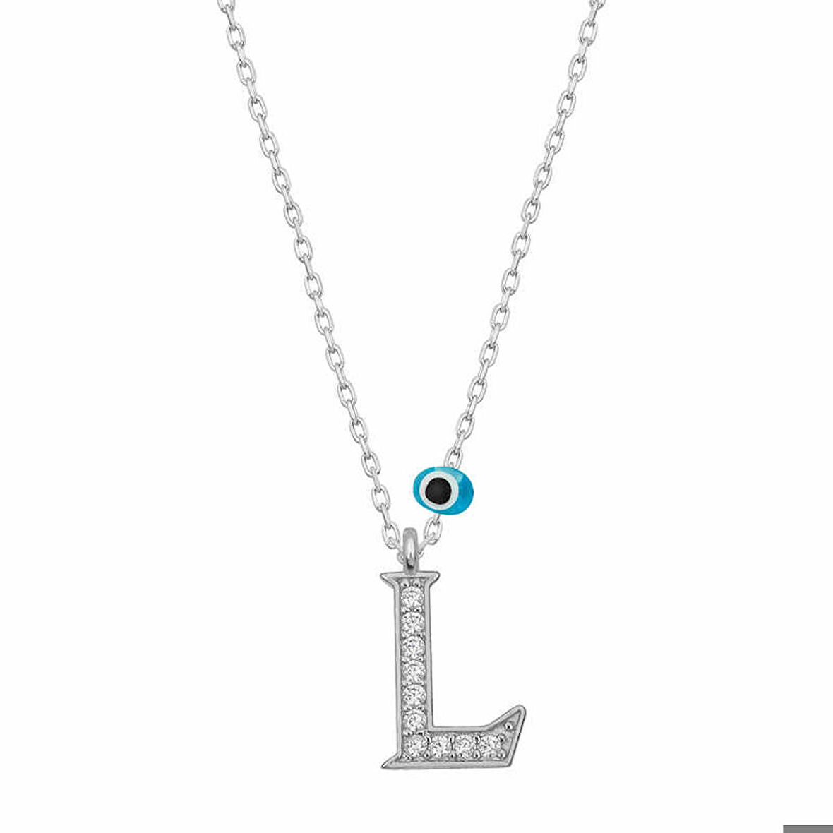 Ebuz Gümüş Nazar Rodyum L Harfi Kadın Kolye