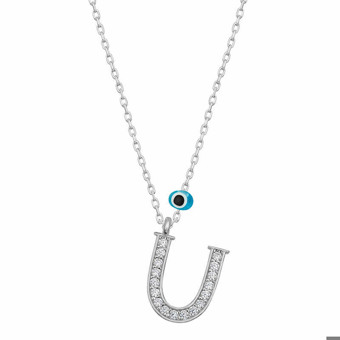 Ebuz Gümüş Nazar Rodyum U Harfi Kadın Kolye