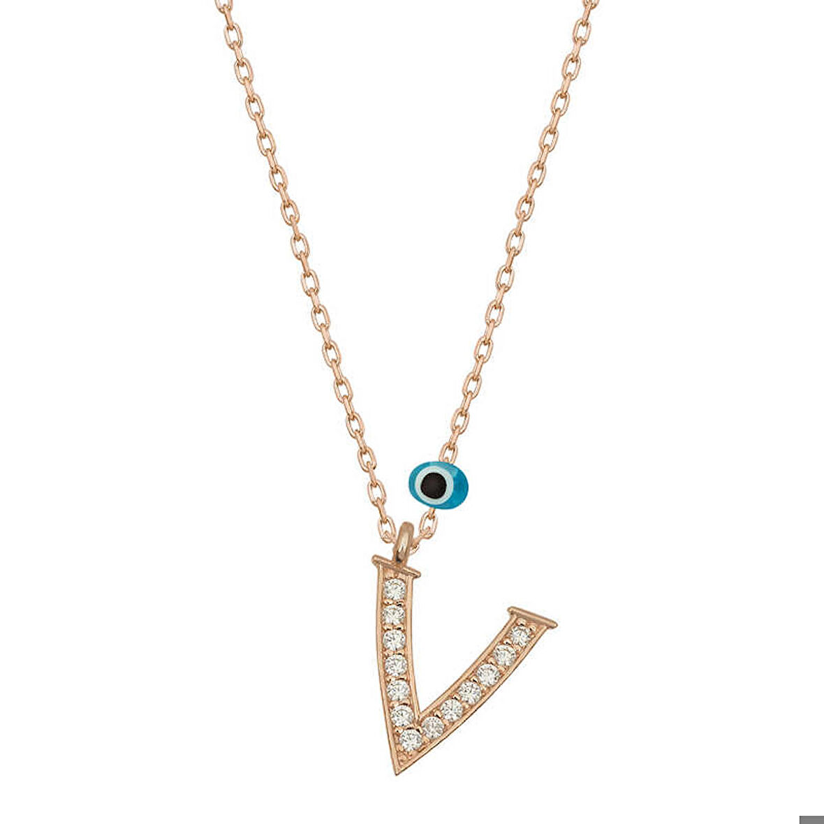 Ebuz Gümüş Nazar Rose V Harfi Kadın Kolye