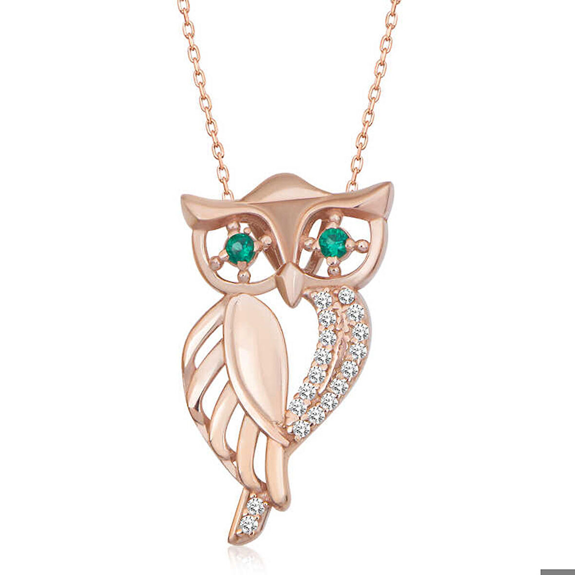 Ebuz ​Gümüş Rose Yeşil Gözlü Baykuş Kadın Kolye