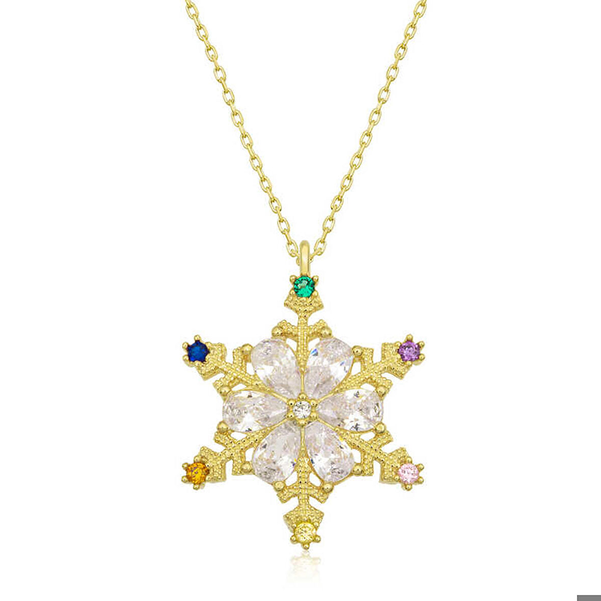 Ebuz Gümüş Gold Renkli Taşlı Kar Tanesi Kadın Kolye