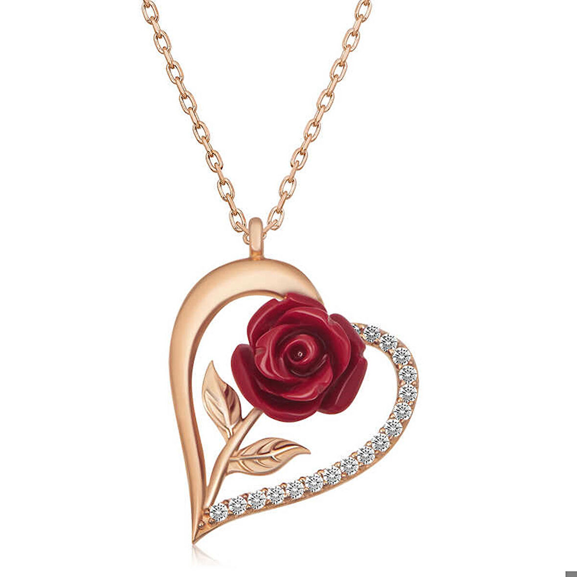 Ebuz ​Gümüş Rose Kalpli Kırmızı Gül Kadın Kolye