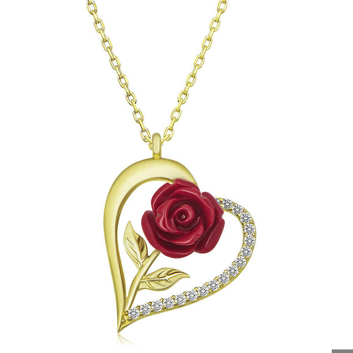 Ebuz ​Gümüş Gold Kalpli Kırmızı Gül Kadın Kolye