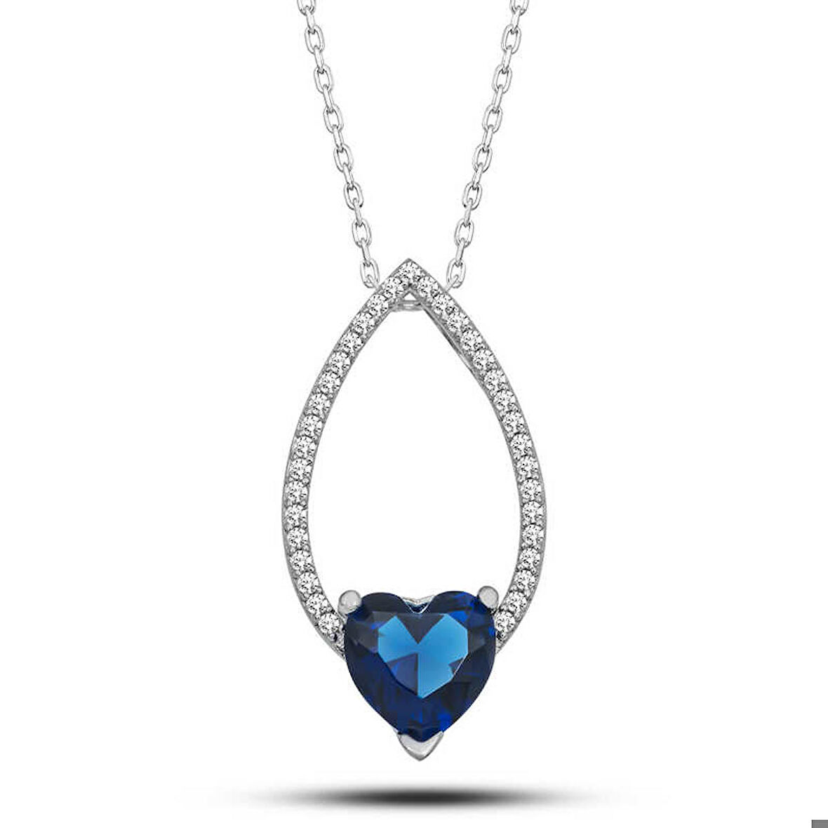 Ebuz Gümüş Kalp Mavi Taşlı Damla Kadın Kolye