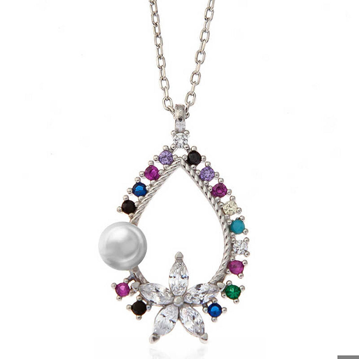 Ebuz Gümüş Renkli Taşlı Çiçekli Kadın Kolye