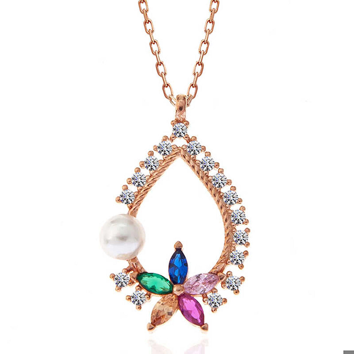 Ebuz Gümüş Rose Renkli Taşlı Çiçekli Kadın Kolye