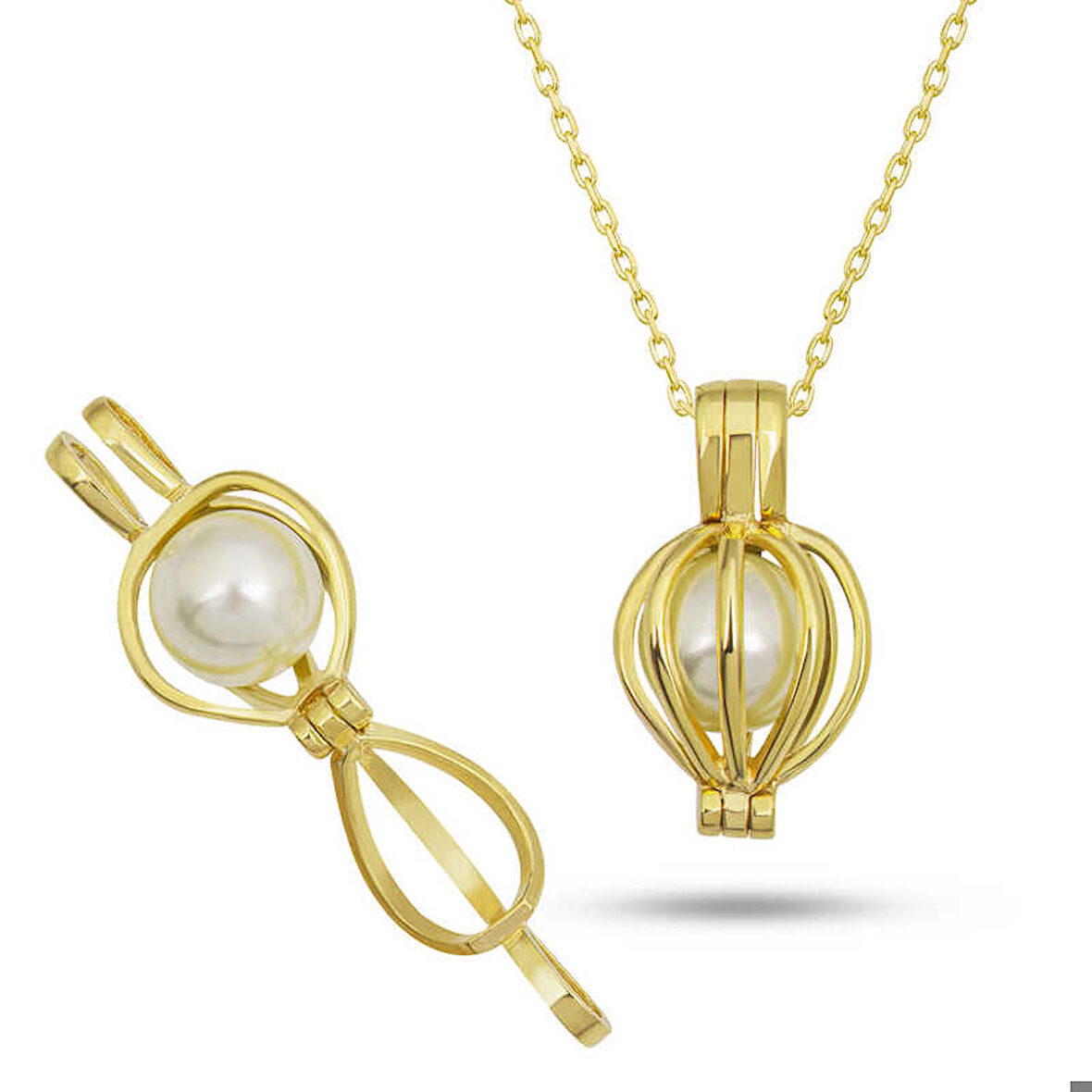 Ebuz Gümüş Gold Beyaz İncili Kadın Kolye