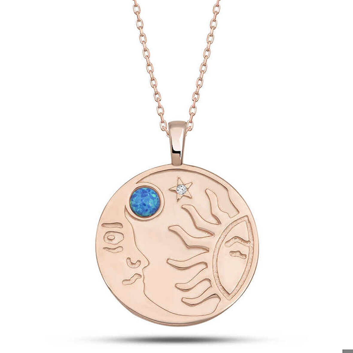 Ebuz Gümüş Rose Opal Mavi Taşlı Ay Güneş Kadın Kolye