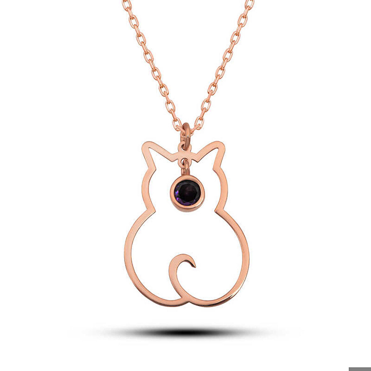 Ebuz Gümüş Şubat Ayı Doğum Taşı Kedi Kadın Kolye