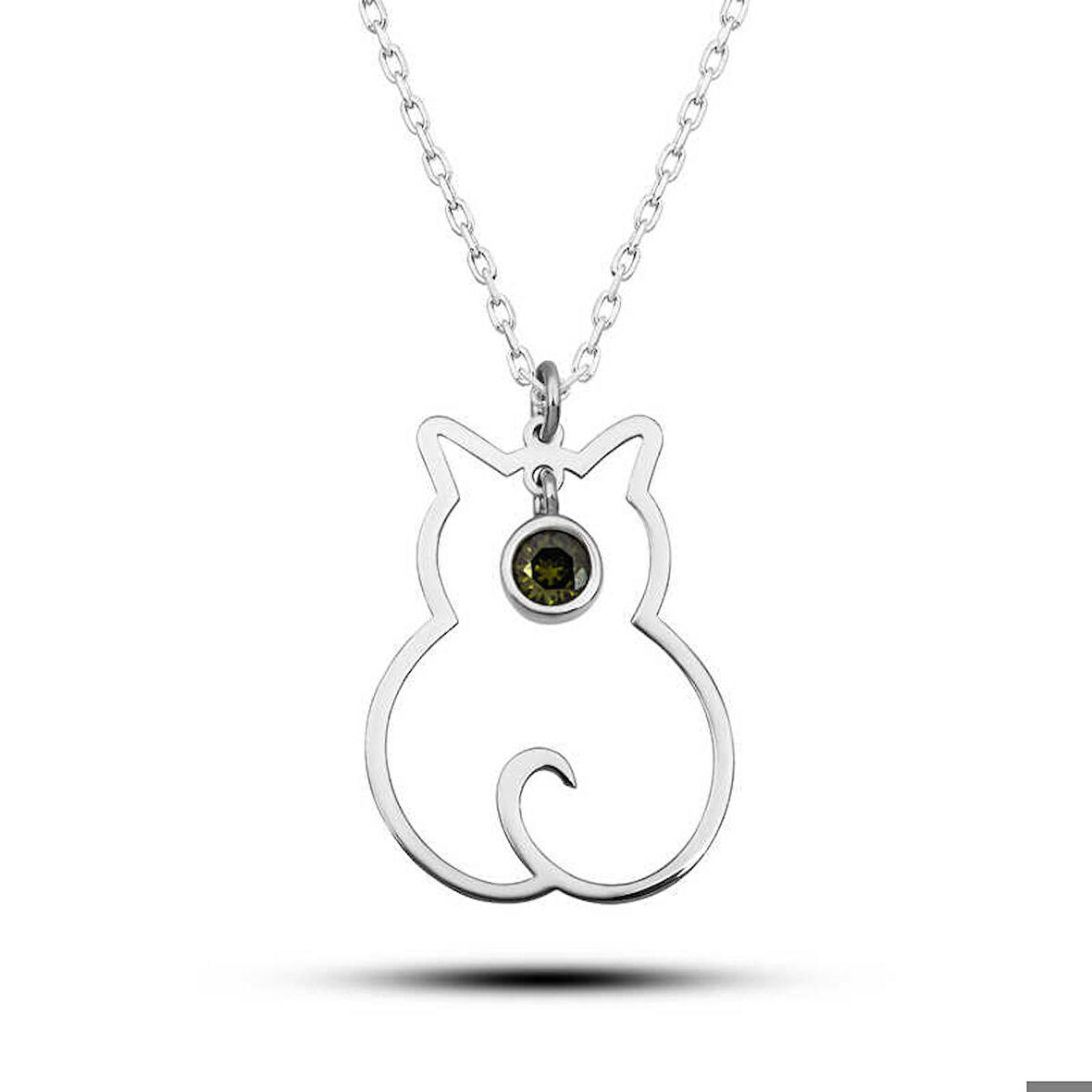 Ebuz Gümüş Ağustos Ayı Doğum Taşı Kedi Kadın Kolye