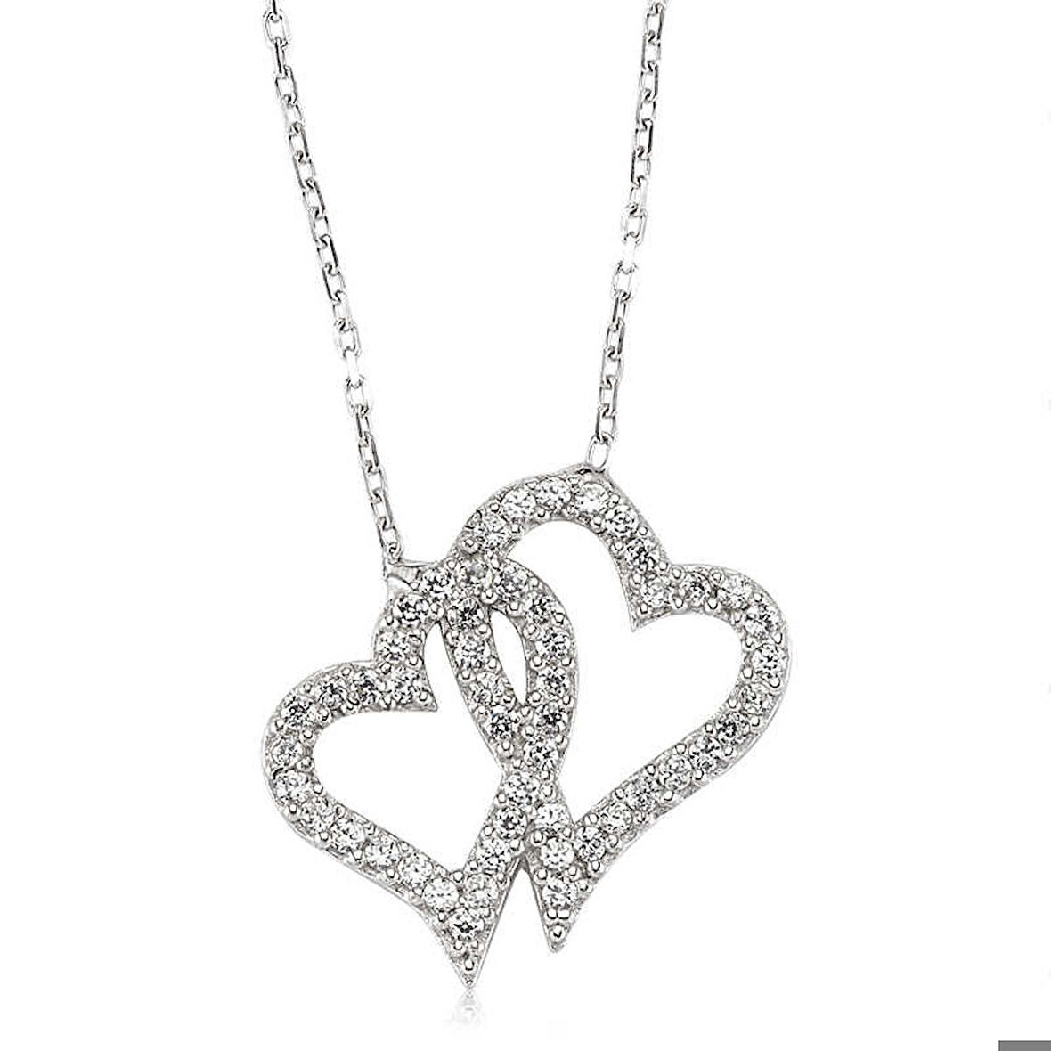 Ebuz Gümüş İki Kalp Kadın Kolye