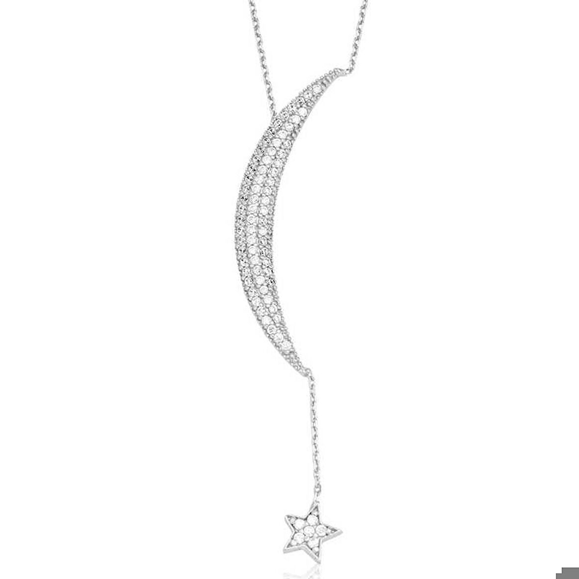 Ebuz Gümüş Zincirli Ay Yıldız Kadın Kolye